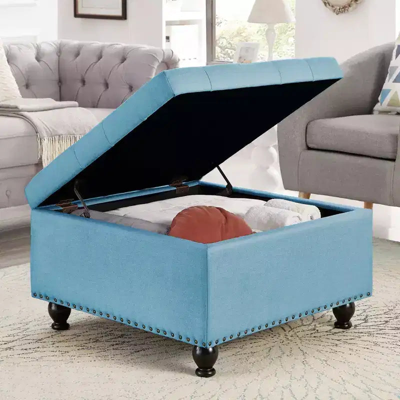 TUYOHW 30 Grand Pouf de Rangement Design capitonné, Repose-Pieds rembourré en Lin Doux pour Salon, Rivets décoratifs, Capacité de 136 kg