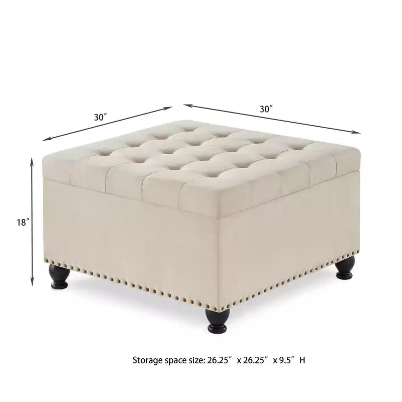 TUYOHW 30 Grand Pouf de Rangement Design capitonné, Repose-Pieds rembourré en Lin Doux pour Salon, Rivets décoratifs, Capacité de 136 kg