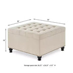 TUYOHW 30 Grand Pouf de Rangement Design capitonné, Repose-Pieds rembourré en Lin Doux pour Salon, Rivets décoratifs, Capacité de 136 kg