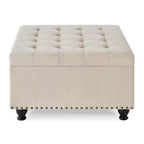TUYOHW 30 Grand Pouf de Rangement Design capitonné, Repose-Pieds rembourré en Lin Doux pour Salon, Rivets décoratifs, Capacité de 136 kg