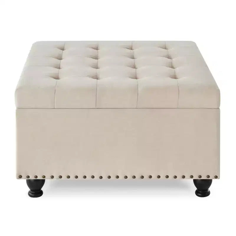 TUYOHW 30 Grand Pouf de Rangement Design capitonné, Repose-Pieds rembourré en Lin Doux pour Salon, Rivets décoratifs, Capacité de 136 kg