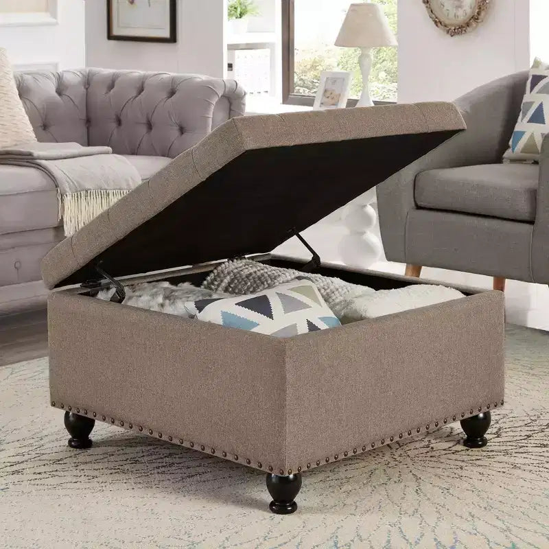 TUYOHW 30 Grand Pouf de Rangement Design capitonné, Repose-Pieds rembourré en Lin Doux pour Salon, Rivets décoratifs, Capacité de 136 kg
