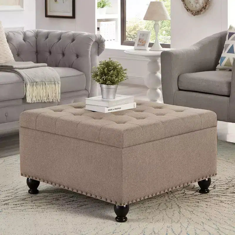 TUYOHW 30 Grand Pouf de Rangement Design capitonné, Repose-Pieds rembourré en Lin Doux pour Salon, Rivets décoratifs, Capacité de 136 kg