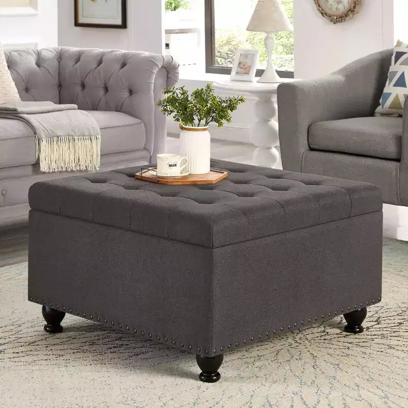 TUYOHW 30 Grand Pouf de Rangement Design capitonné, Repose-Pieds rembourré en Lin Doux pour Salon, Rivets décoratifs, Capacité de 136 kg