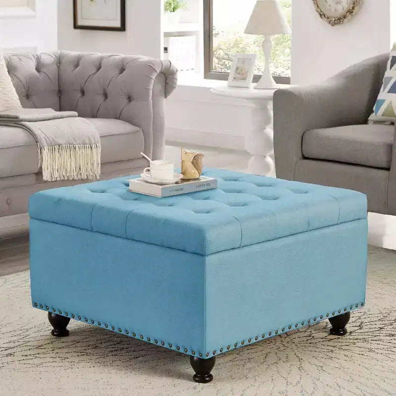 TUYOHW 30 Grand Pouf de Rangement Design capitonné, Repose-Pieds rembourré en Lin Doux pour Salon, Rivets décoratifs, Capacité de 136 kg