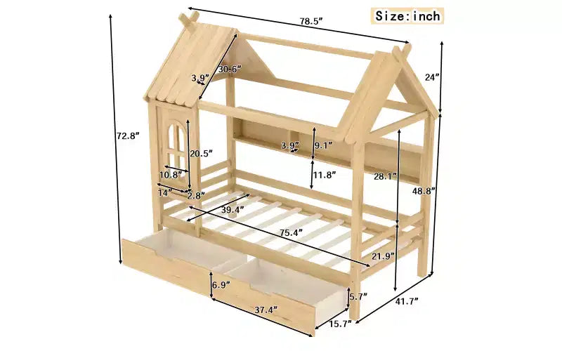 Lit plateforme Bellemave House avec tiroirs de rangement et fenêtre, cadre de lit plateforme en bois massif avec étagères, design amusant et enfantin, léger