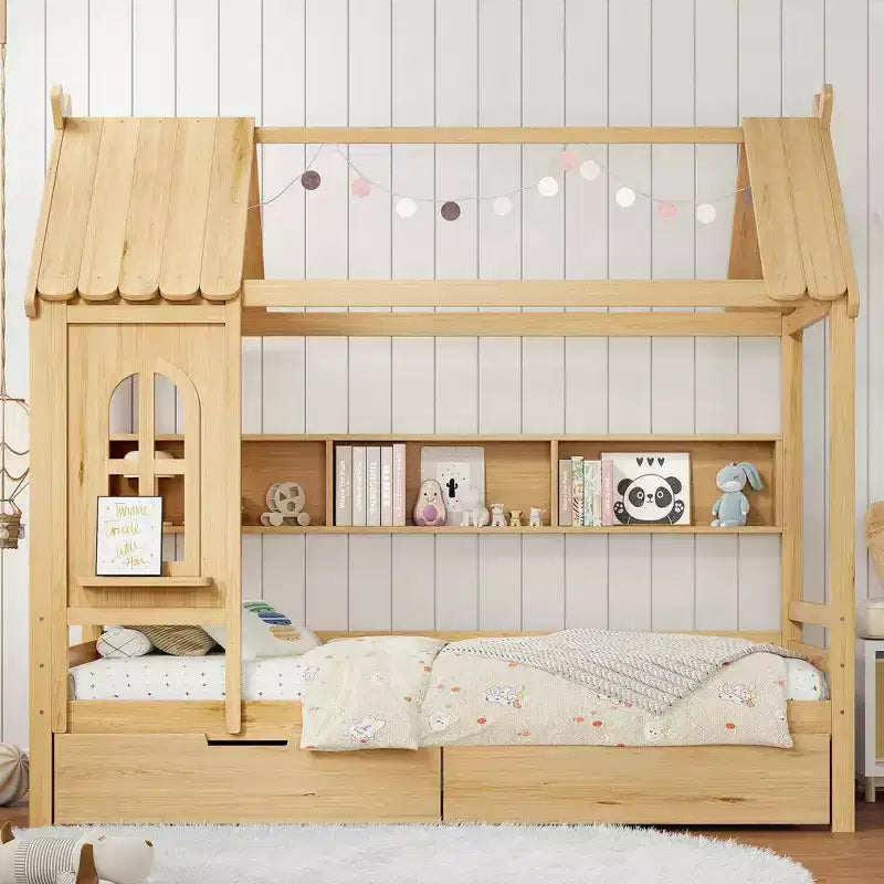 Lit plateforme Bellemave House avec tiroirs de rangement et fenêtre, cadre de lit plateforme en bois massif avec étagères, design amusant et enfantin, léger