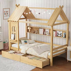 Lit plateforme Bellemave House avec tiroirs de rangement et fenêtre, cadre de lit plateforme en bois massif avec étagères, design amusant et enfantin, léger