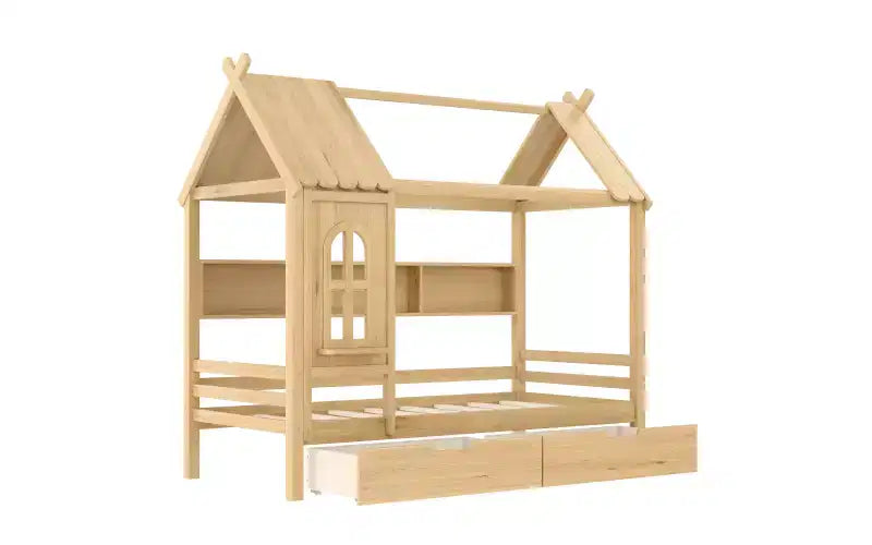 Lit plateforme Bellemave House avec tiroirs de rangement et fenêtre, cadre de lit plateforme en bois massif avec étagères, design amusant et enfantin, léger