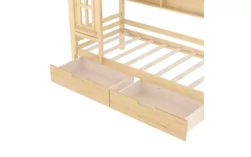 Lit plateforme Bellemave House avec tiroirs de rangement et fenêtre, cadre de lit plateforme en bois massif avec étagères, design amusant et enfantin, léger