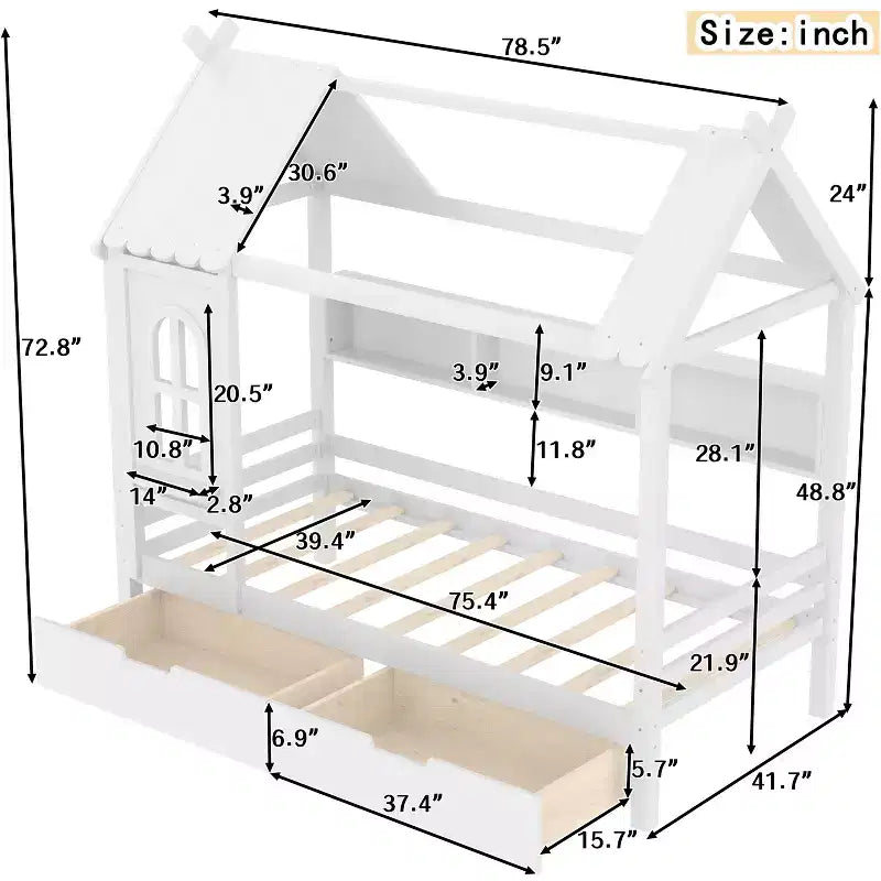 Lit plateforme Bellemave House avec tiroirs de rangement et fenêtre, cadre de lit plateforme en bois massif avec étagères, design amusant et enfantin, léger