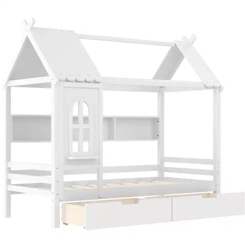 Lit plateforme Bellemave House avec tiroirs de rangement et fenêtre, cadre de lit plateforme en bois massif avec étagères, design amusant et enfantin, léger
