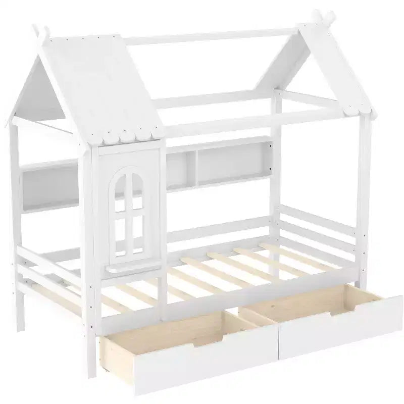 Lit plateforme Bellemave House avec tiroirs de rangement et fenêtre, cadre de lit plateforme en bois massif avec étagères, design amusant et enfantin, léger