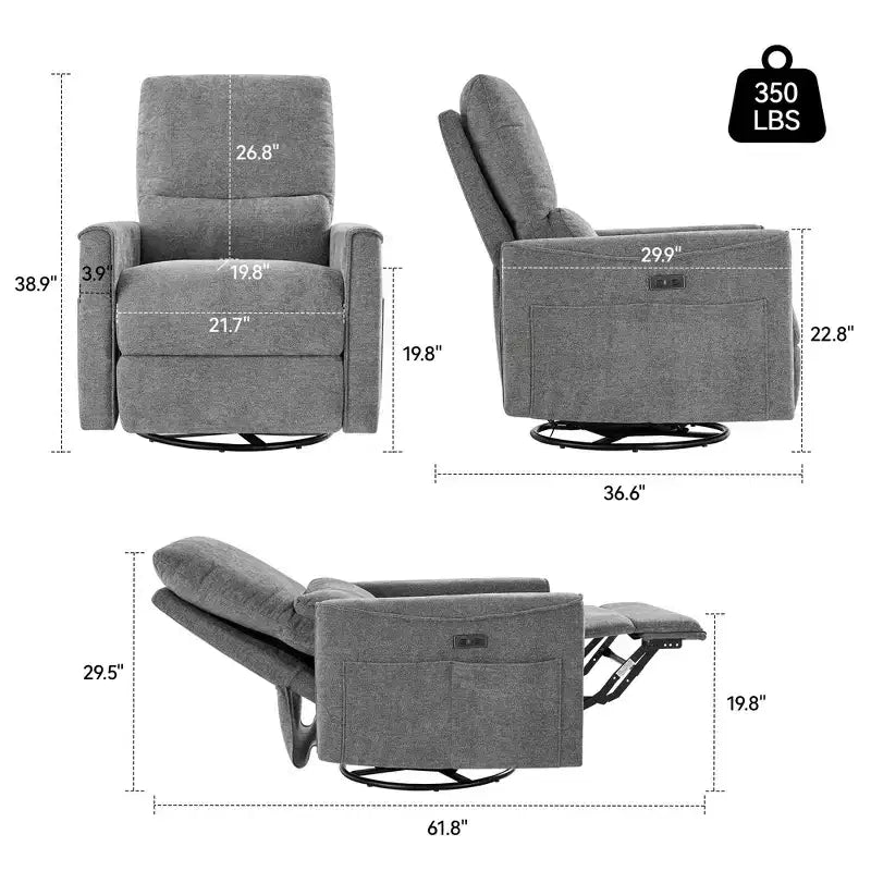 Fauteuil inclinable Dyonery Power Swivel Rocker en tissu avec support lombaire, ports USB/Type-C, petit canapé inclinable pour chambre de bébé et salon