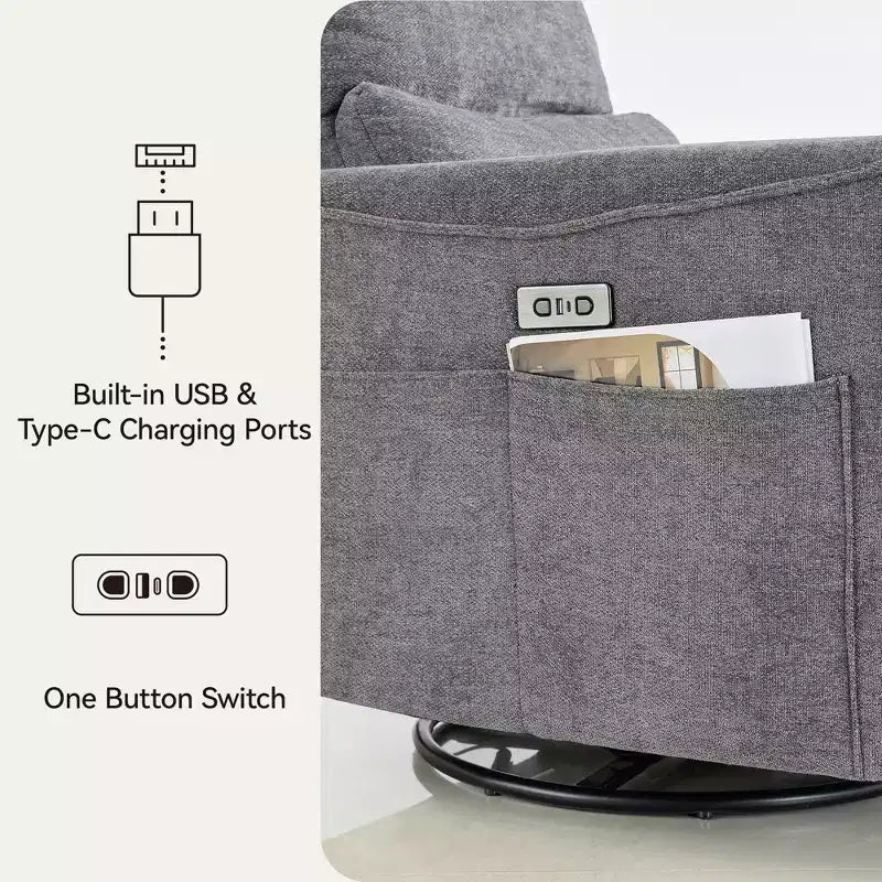 Fauteuil inclinable Dyonery Power Swivel Rocker en tissu avec support lombaire, ports USB/Type-C, petit canapé inclinable pour chambre de bébé et salon