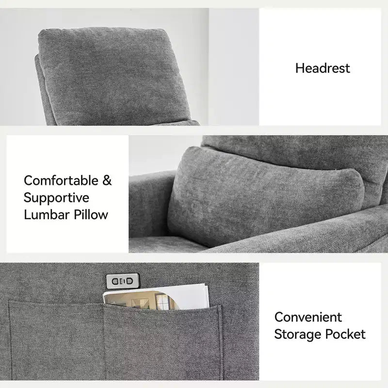 Fauteuil inclinable Dyonery Power Swivel Rocker en tissu avec support lombaire, ports USB/Type-C, petit canapé inclinable pour chambre de bébé et salon
