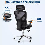 Chaise de bureau ergonomique en maille à dossier haut - accoudoirs réglables 4D, soutien lombaire et appui-tête, siège coulissant, chaise de bureau à roulettes pour ordinateur
