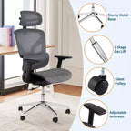 Chaise de bureau ergonomique en maille à dossier haut - accoudoirs réglables 4D, soutien lombaire et appui-tête, siège coulissant, chaise de bureau à roulettes pour ordinateur