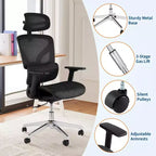 Chaise de bureau ergonomique en maille à dossier haut - accoudoirs réglables 4D, soutien lombaire et appui-tête, siège coulissant, chaise de bureau à roulettes pour ordinateur