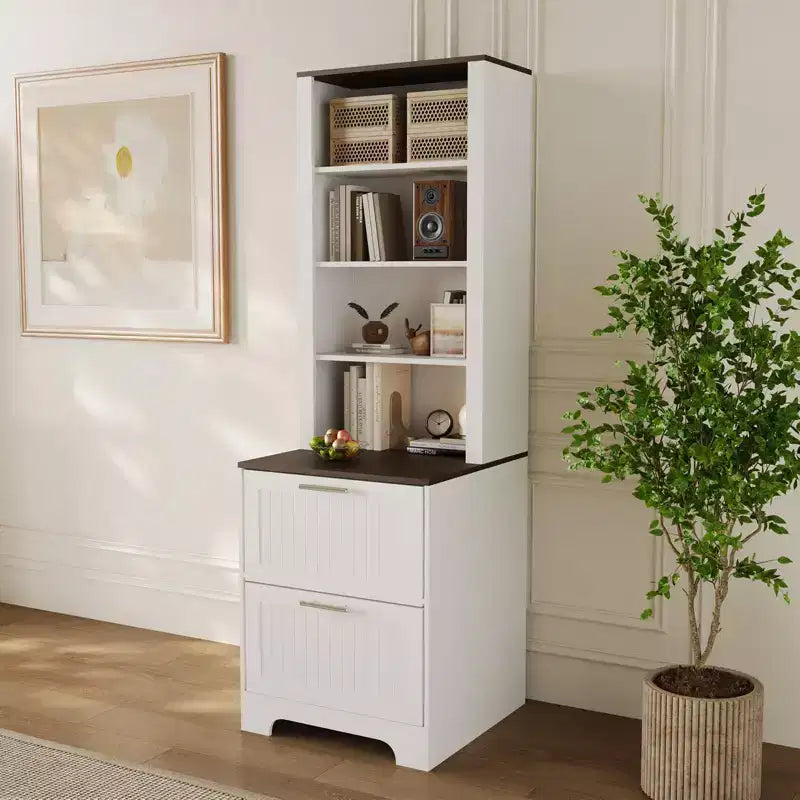 GustoWave 72 Bibliothèque haute avec 2 tiroirs de classement, étagère à livres moderne à 5 niveaux avec étagères réglables pour bureau à domicile, salon, blanc