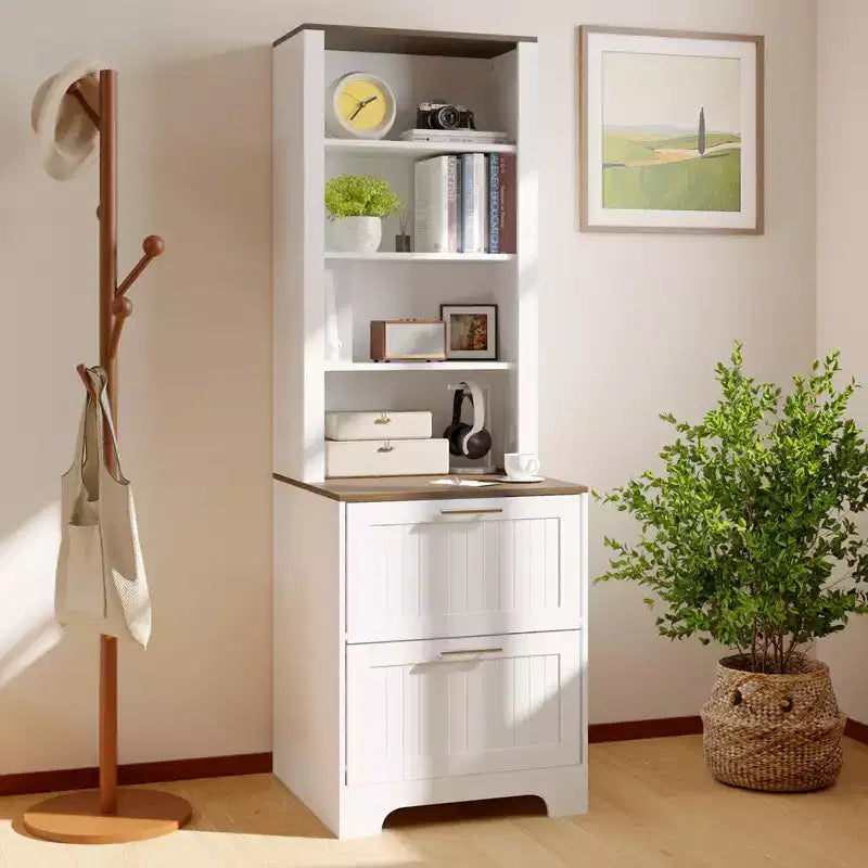 GustoWave 72 Bibliothèque haute avec 2 tiroirs de classement, étagère à livres moderne à 5 niveaux avec étagères réglables pour bureau à domicile, salon, blanc
