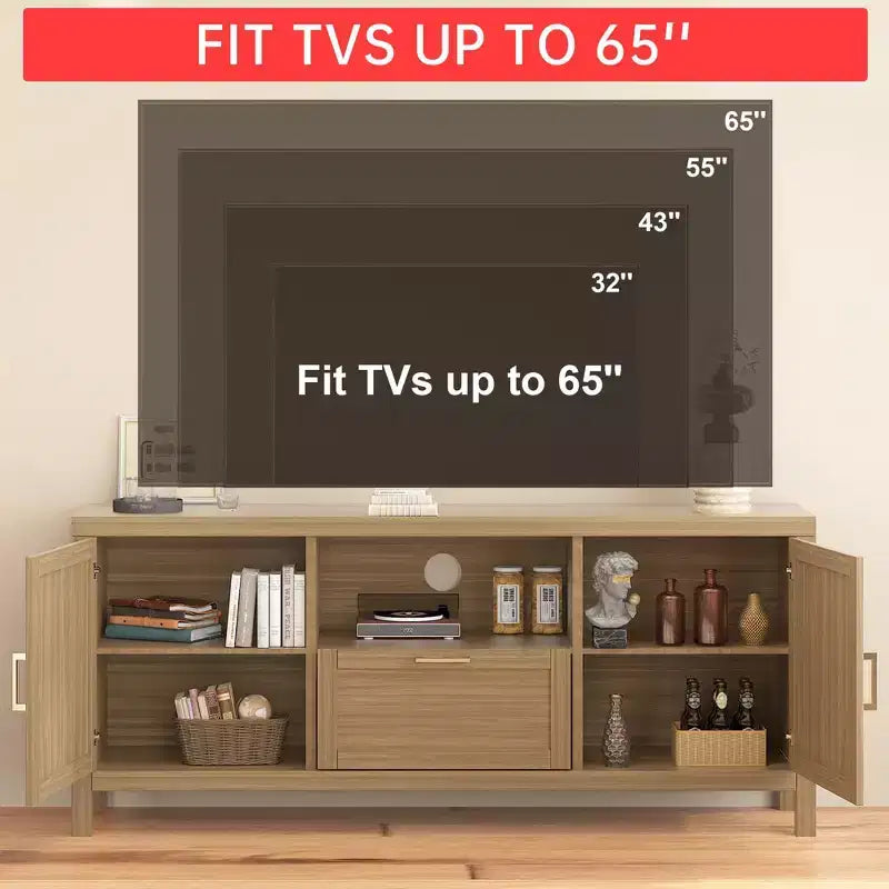 Meuble TV pour téléviseur 65 pouces, console TV de style campagnard pour salon, meuble de divertissement haut avec doubles portes coulissantes pour chambre à coucher