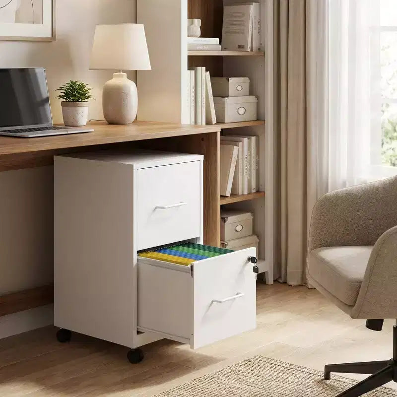 VIYET 25H Caisson de classement mobile à 2 tiroirs verrouillables, armoire roulante en métal sous le bureau avec roues, compatible avec les documents de format légal/lettre/A4 pour le bureau à domicile (blanc)