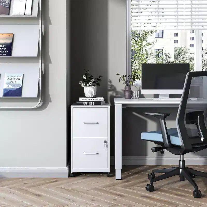 VIYET 25H Caisson de classement mobile à 2 tiroirs verrouillables, armoire roulante en métal sous le bureau avec roues, compatible avec les documents de format légal/lettre/A4 pour le bureau à domicile (blanc)