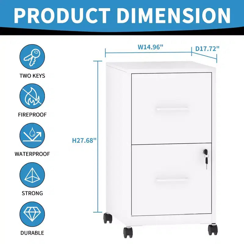 VIYET 25H Caisson de classement mobile à 2 tiroirs verrouillables, armoire roulante en métal sous le bureau avec roues, compatible avec les documents de format légal/lettre/A4 pour le bureau à domicile (blanc)