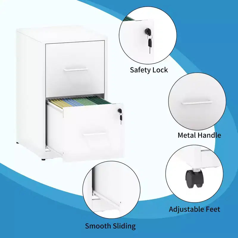 VIYET 25H Caisson de classement mobile à 2 tiroirs verrouillables, armoire roulante en métal sous le bureau avec roues, compatible avec les documents de format légal/lettre/A4 pour le bureau à domicile (blanc)