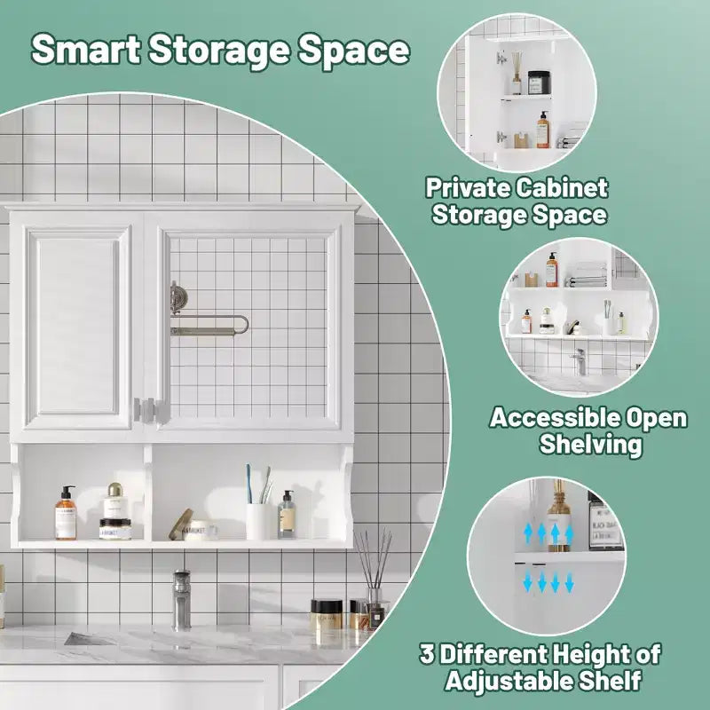 Meuble haut de salle de bain CASAINC 30'' avec miroir, étagères ouvertes, portes et étagère réglable