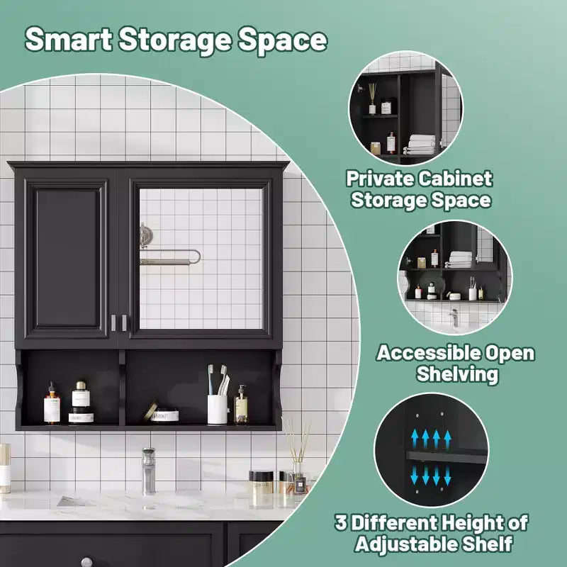 Meuble haut de salle de bain CASAINC 30'' avec miroir, étagères ouvertes, portes et étagère réglable