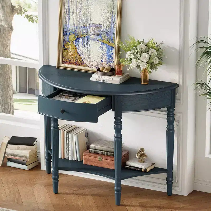 GDFStudio Malory Table console demi-lune de ferme 39 po avec tiroir et étagère