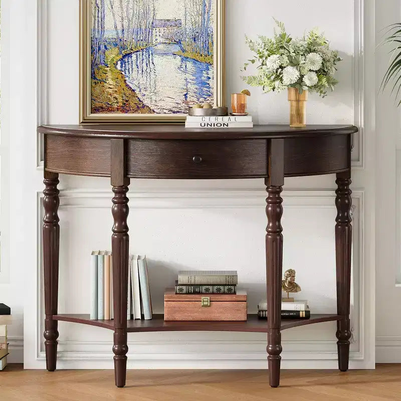 GDFStudio Malory Table console demi-lune de ferme 39 po avec tiroir et étagère