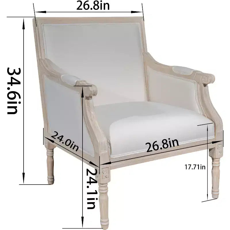 Fauteuil d'appoint français, cadre en bois traditionnel, revêtement en lin, finition vieillie, à l'unité