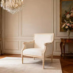 Fauteuil d'appoint français, cadre en bois traditionnel, revêtement en lin, finition vieillie, à l'unité