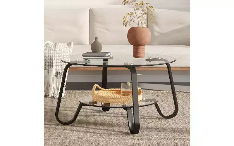 Table basse vintage avec plateau en verre et structure en métal TUYOHW, table d'appoint polyvalente pour salon, table à thé minimaliste à double couche