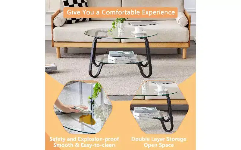 Table basse vintage avec plateau en verre et structure en métal TUYOHW, table d'appoint polyvalente pour salon, table à thé minimaliste à double couche