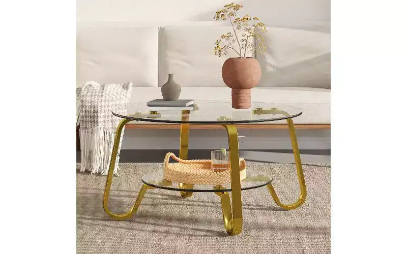 Table basse vintage avec plateau en verre et structure en métal TUYOHW, table d'appoint polyvalente pour salon, table à thé minimaliste à double couche