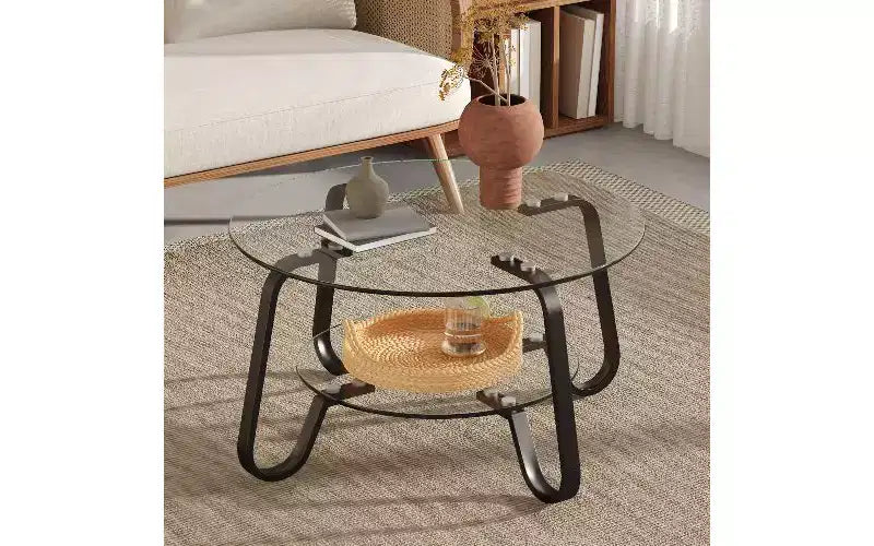 TUYOHW Vintage Glass-Top Coffee Table with Metal Frame, Versatile Center Table for Living Room, Minimalist Double-layer Tea Table