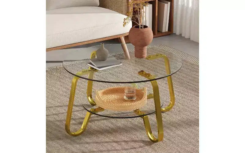 Table basse vintage avec plateau en verre et structure en métal TUYOHW, table d'appoint polyvalente pour salon, table à thé minimaliste à double couche