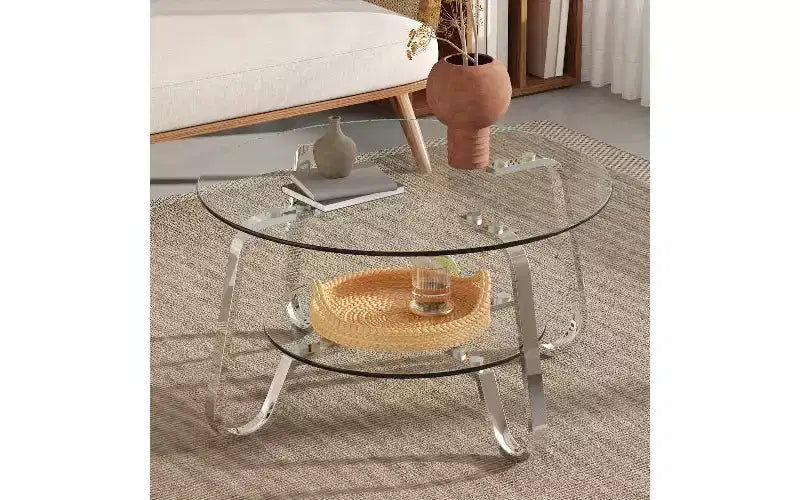 Table basse vintage avec plateau en verre et structure en métal TUYOHW, table d'appoint polyvalente pour salon, table à thé minimaliste à double couche