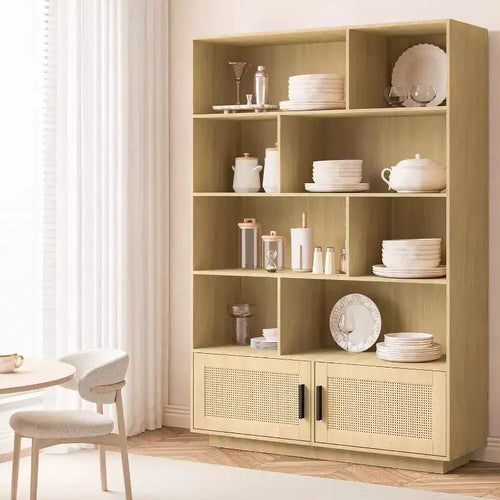 Acekool 5-Tier Bookshelf with Rattan Doors, Adjustable Shelves, Boho Wood Storage Cabinet for Living Room or Bedroom