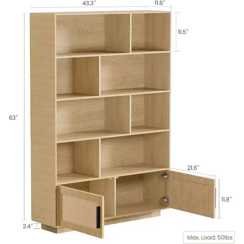 Bibliothèque Acekool à 5 niveaux avec portes en rotin, étagères réglables, armoire de rangement en bois style bohème pour salon ou chambre à coucher