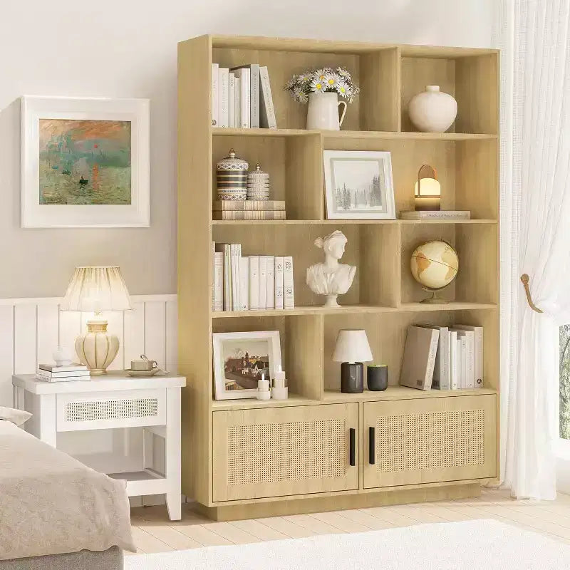 Bibliothèque Acekool à 5 niveaux avec portes en rotin, étagères réglables, armoire de rangement en bois style bohème pour salon ou chambre à coucher