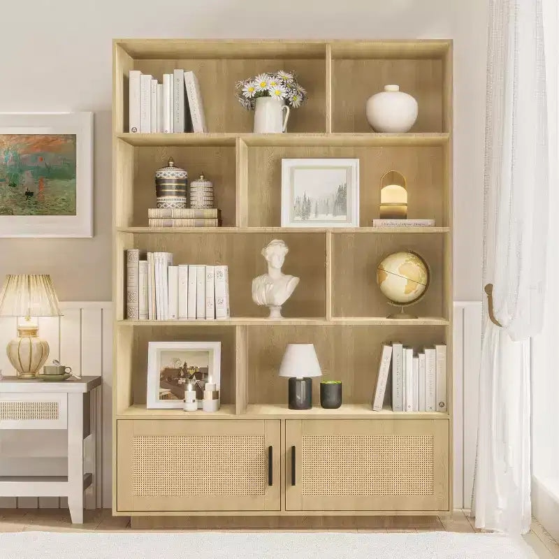 Bibliothèque Acekool à 5 niveaux avec portes en rotin, étagères réglables, armoire de rangement en bois style bohème pour salon ou chambre à coucher