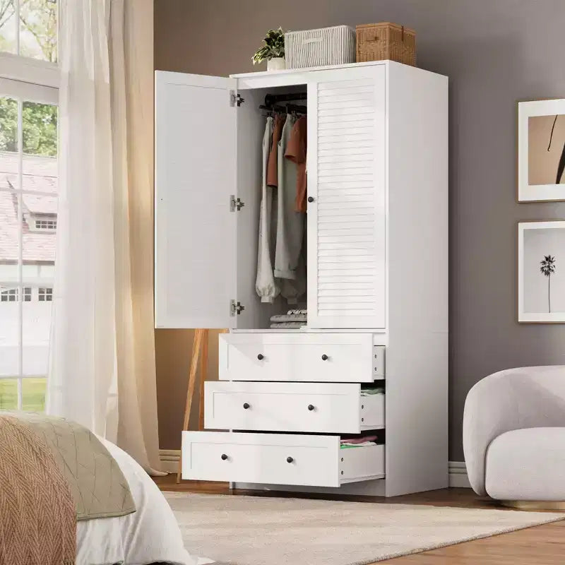 Armoire de rangement avec tiroirs, armoire en bois de 176,5 cm avec tringle de suspension, placard de rangement à 2 portes pour chambre à coucher