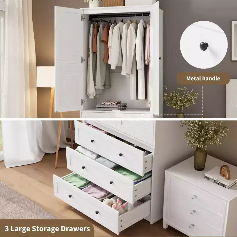 Armoire de rangement avec tiroirs, armoire en bois de 176,5 cm avec tringle de suspension, placard de rangement à 2 portes pour chambre à coucher