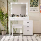 Makeup Vanity Table with Sliding Mirror & 3 Lighting Modes, Dressing Desk with Stool and 5 Drawers for Bedroom