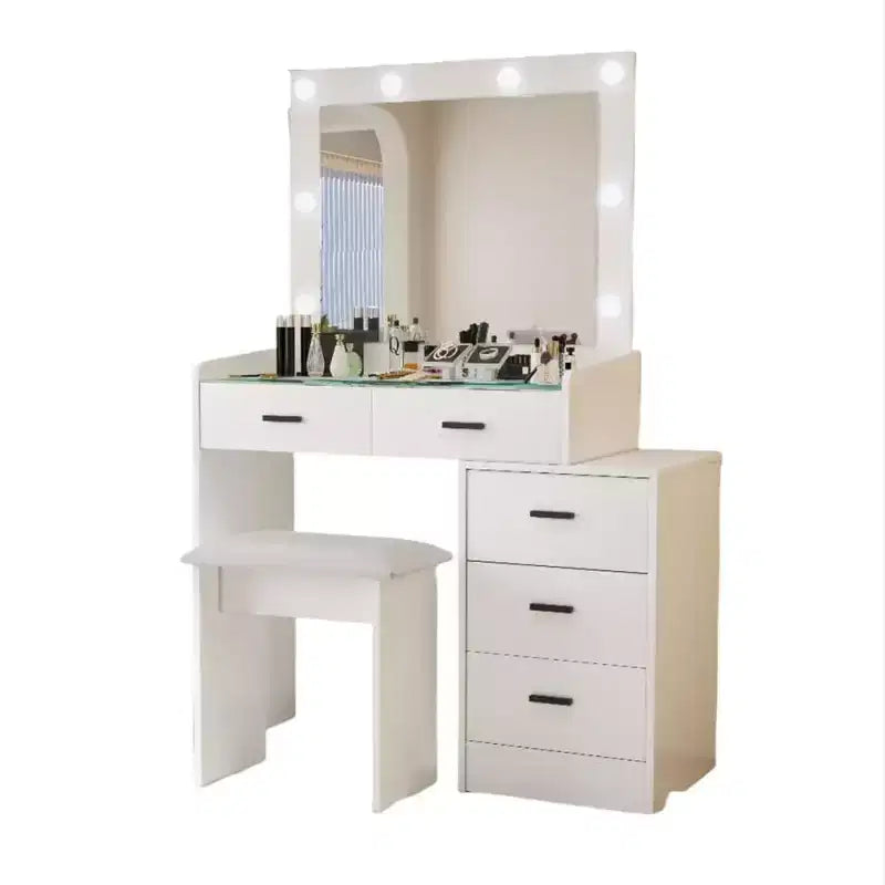 Coiffeuse avec miroir coulissant et 3 modes d'éclairage, bureau de maquillage avec tabouret et 5 tiroirs pour chambre à coucher